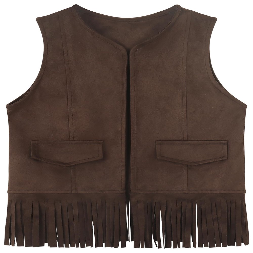 Spring&Gege Kids Suede Fringe Vest 70s Cowboy Cowgirl Western Faux Tassels Jacket Cardigan, Coffee, Size 7-8 Years