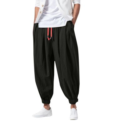 Mens Casual Harem Pants Baggy Linen Boho Yoga Jogger Pants Elastic Waist Vintage Hippie Drop Crotch Trousers Plus Size C- Black