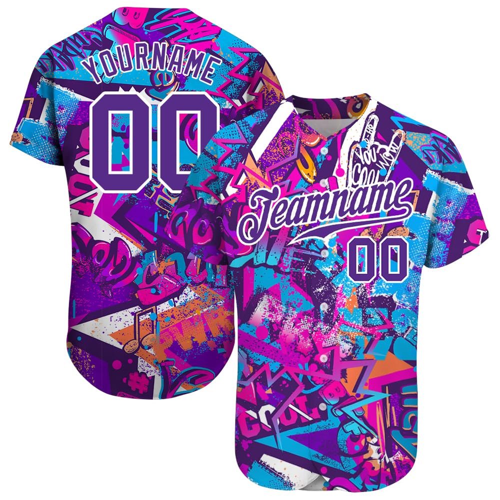 Personalized Graffiti Baseball Jersey Purple Softball Shirts Short Sleeve V-Neck Casual Softball T-Shirts with Stitched Name Number Logo for Men/Women/Youth Boys, Customized Button Down Team Jerseys
