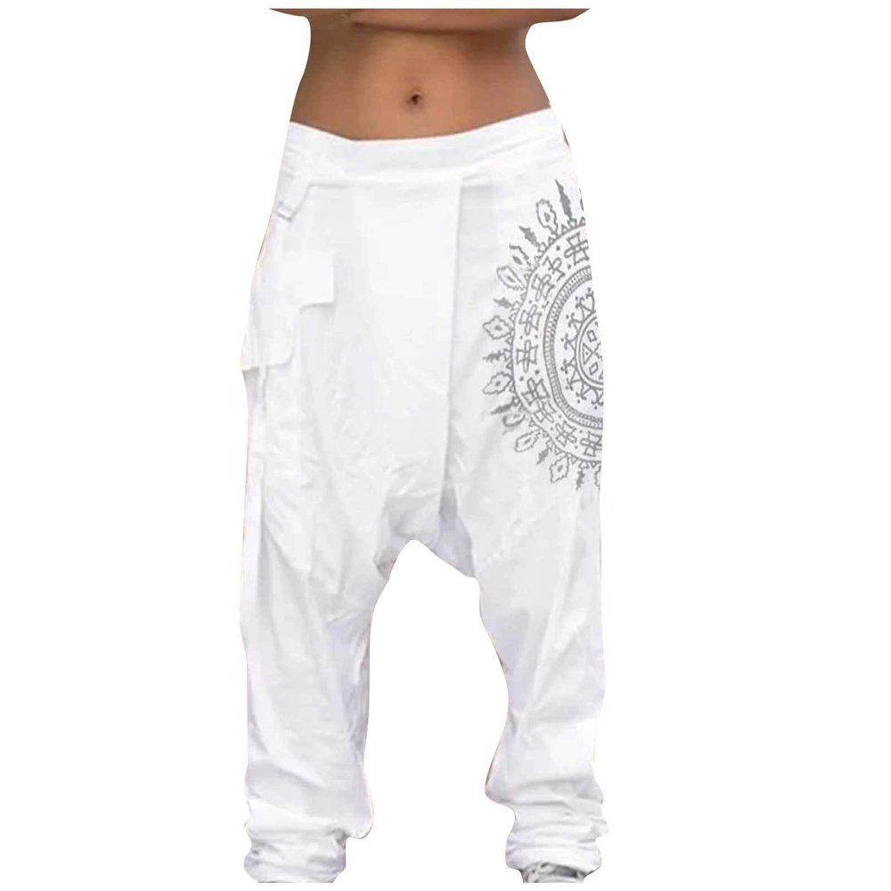 Mens Casual Harem Pants Baggy Linen Boho Yoga Jogger Pants Elastic Waist Vintage Hippie Drop Crotch Trousers Plus Size A- White