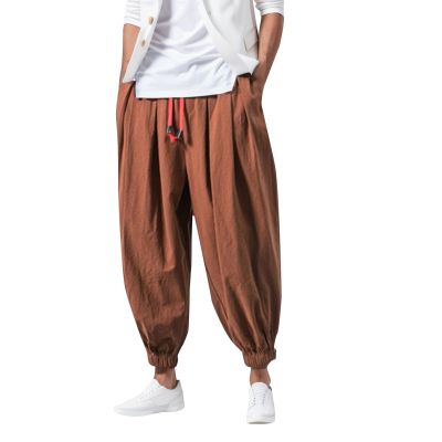 Mens Casual Harem Pants Baggy Linen Boho Yoga Jogger Pants Elastic Waist Vintage Hippie Drop Crotch Trousers Plus Size