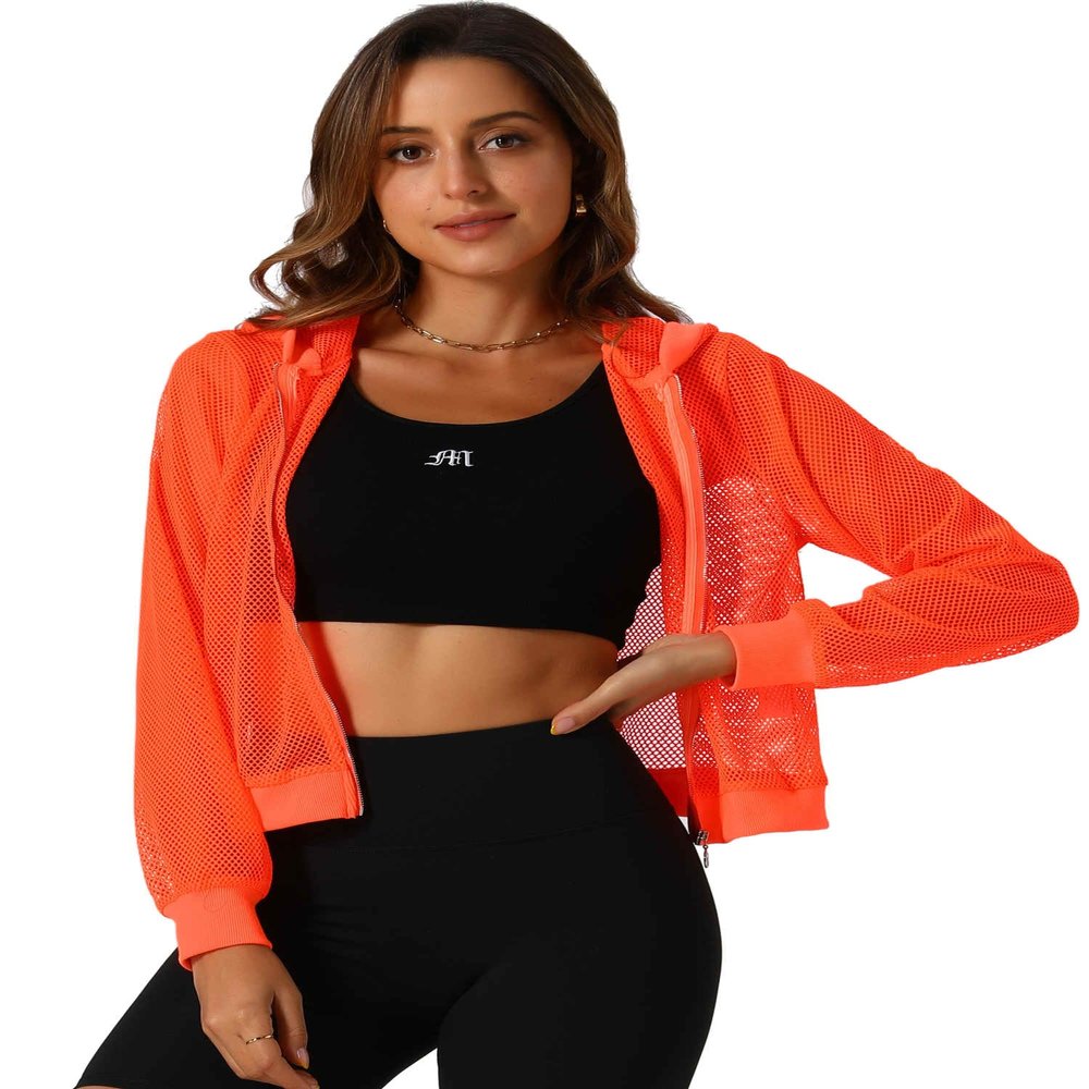 Allegra K Mesh Sheer Jacket for Women Long Sleeve Hoodie Zipper Up Lightweight Casual Outwear Night Out Party Outfit X-Large Orange