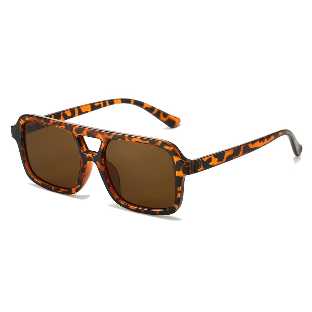 BAWUYI Retro Aviator Sunglasses Men Women Vintage 70s Square Glasses Double Bridge Trendy Rectangle Shades (Leopard Frame/Brown Lens)