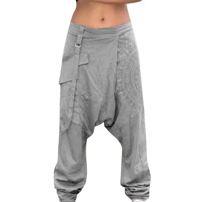 Mens Casual Harem Pants Baggy Linen Boho Yoga Jogger Pants Elastic Waist Vintage Hippie Drop Crotch Trousers Plus Size A- Grey