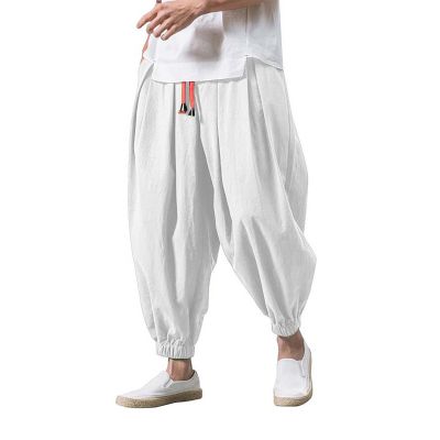 Mens Casual Harem Pants Baggy Linen Boho Yoga Jogger Pants Elastic Waist Vintage Hippie Drop Crotch Trousers Plus Size B- White