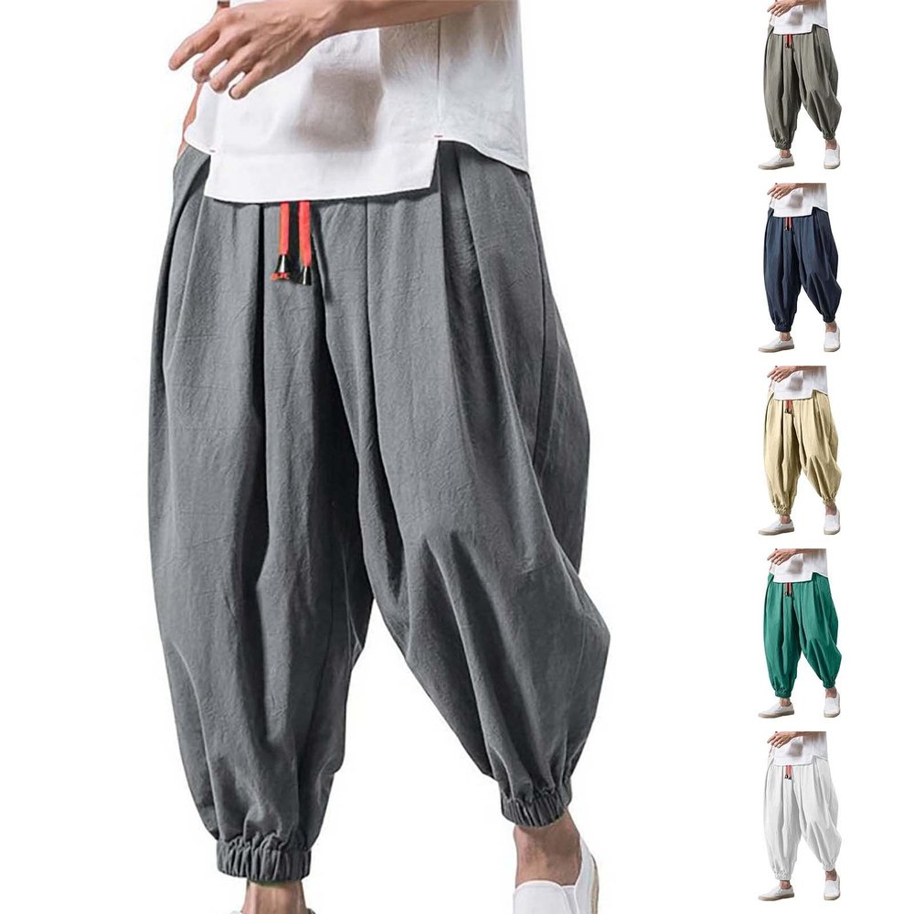 Mens Casual Harem Pants Baggy Linen Boho Yoga Jogger Pants Elastic Waist Vintage Hippie Drop Crotch Trousers Plus Size