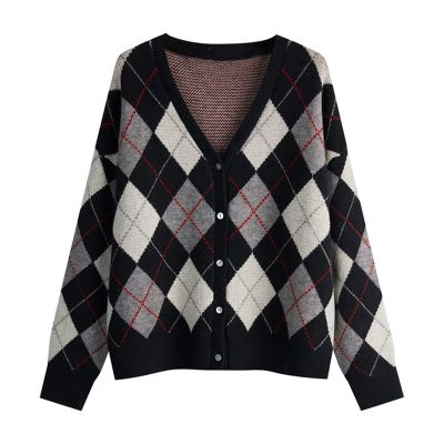 Hyipels Women's Long Sleeve Cardigan Sweater,Cute Y2K Top Knit Colorful Patterned V Neck Button Outwear S~XL