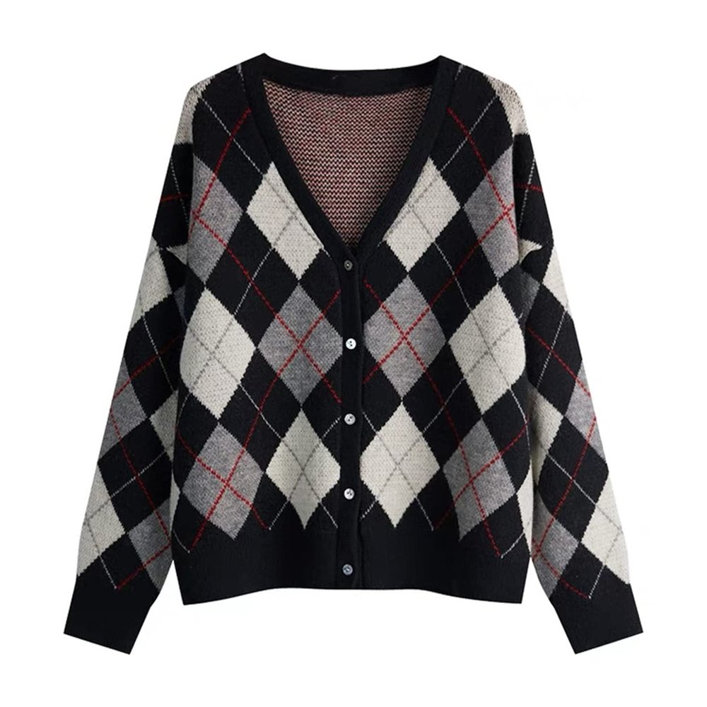 Hyipels Women's Long Sleeve Cardigan Sweater,Cute Y2K Top Knit Colorful Patterned V Neck Button Outwear S~XL