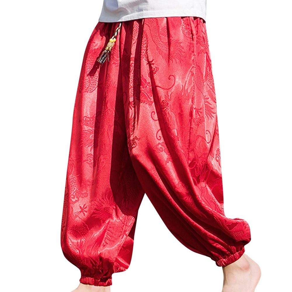 Mens Casual Harem Pants Baggy Linen Boho Yoga Jogger Pants Elastic Waist Vintage Hippie Drop Crotch Trousers Plus Size