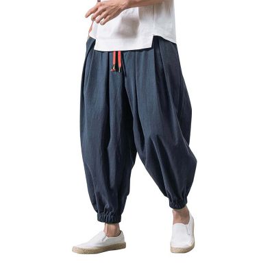 Mens Casual Harem Pants Baggy Linen Boho Yoga Jogger Pants Elastic Waist Vintage Hippie Drop Crotch Trousers Plus Size B- Navy
