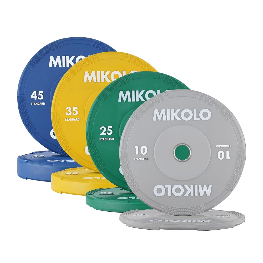 Mikolo Olympic Bumper Plates & Barbell Plates 2-Inch Weight Plate Set - Steel Insert, Low-Bounce & Quiet for Home Gym Strength Training (10+25+35+45LB Set