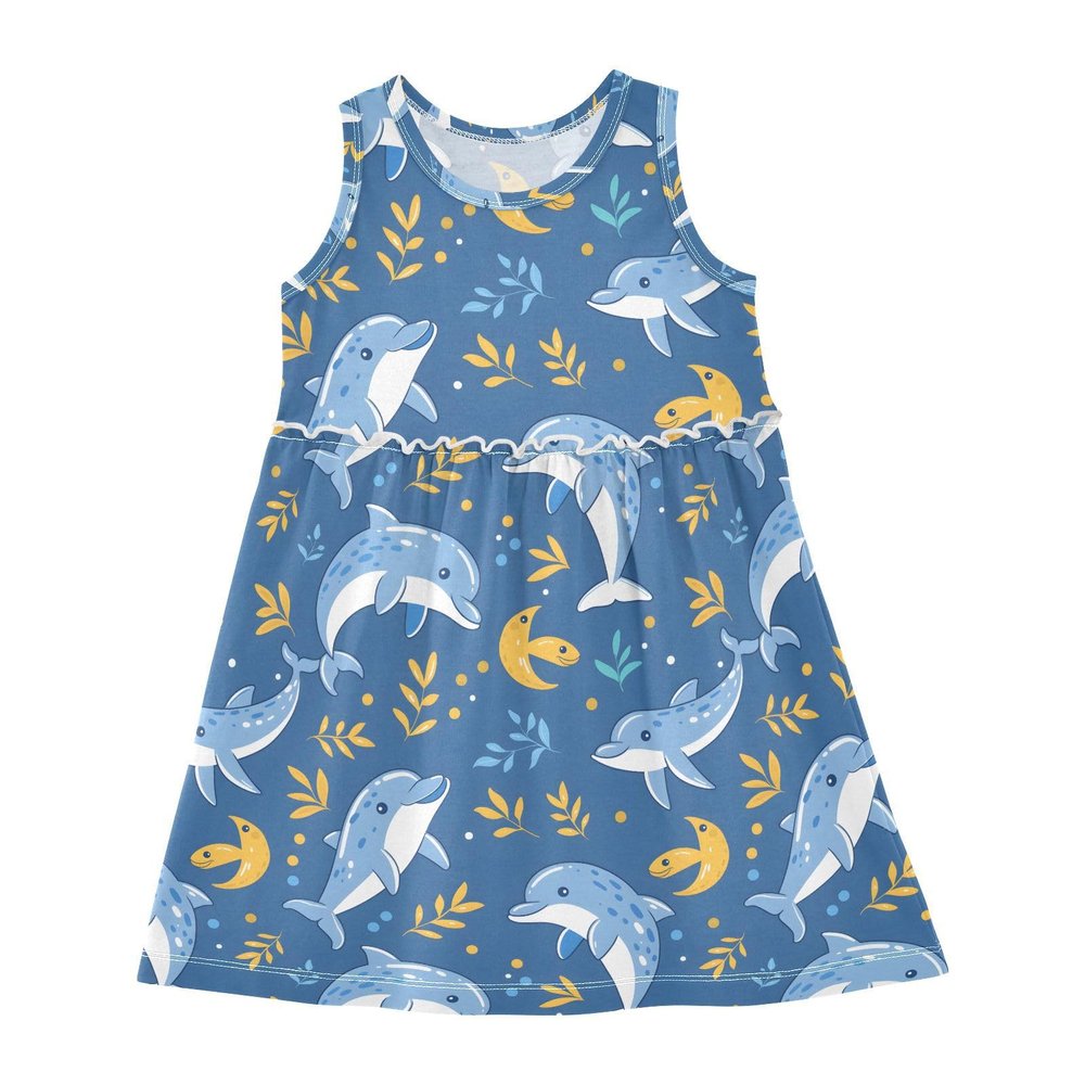ALAZA Cartoon Dolphin Leaf Blue Girls Toddler Casual Dress for Summer Sleeveless Dresses Sundress 6 Years