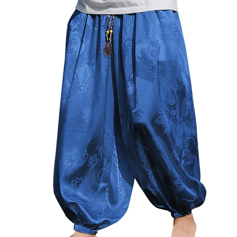 Mens Casual Harem Pants Baggy Linen Boho Yoga Jogger Pants Elastic Waist Vintage Hippie Drop Crotch Trousers Plus Size E- Blue