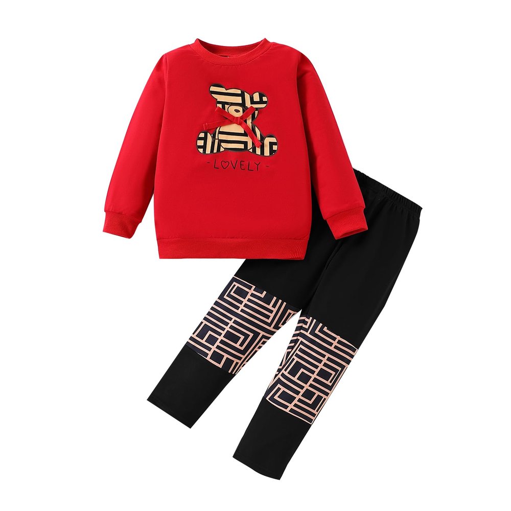 Afsmlys Kid Young Girl Clothes Outfit Bear Print Sweatshirt Colour Patchwork Pants 2PC Fall Winter Clothing Set(4-5T)