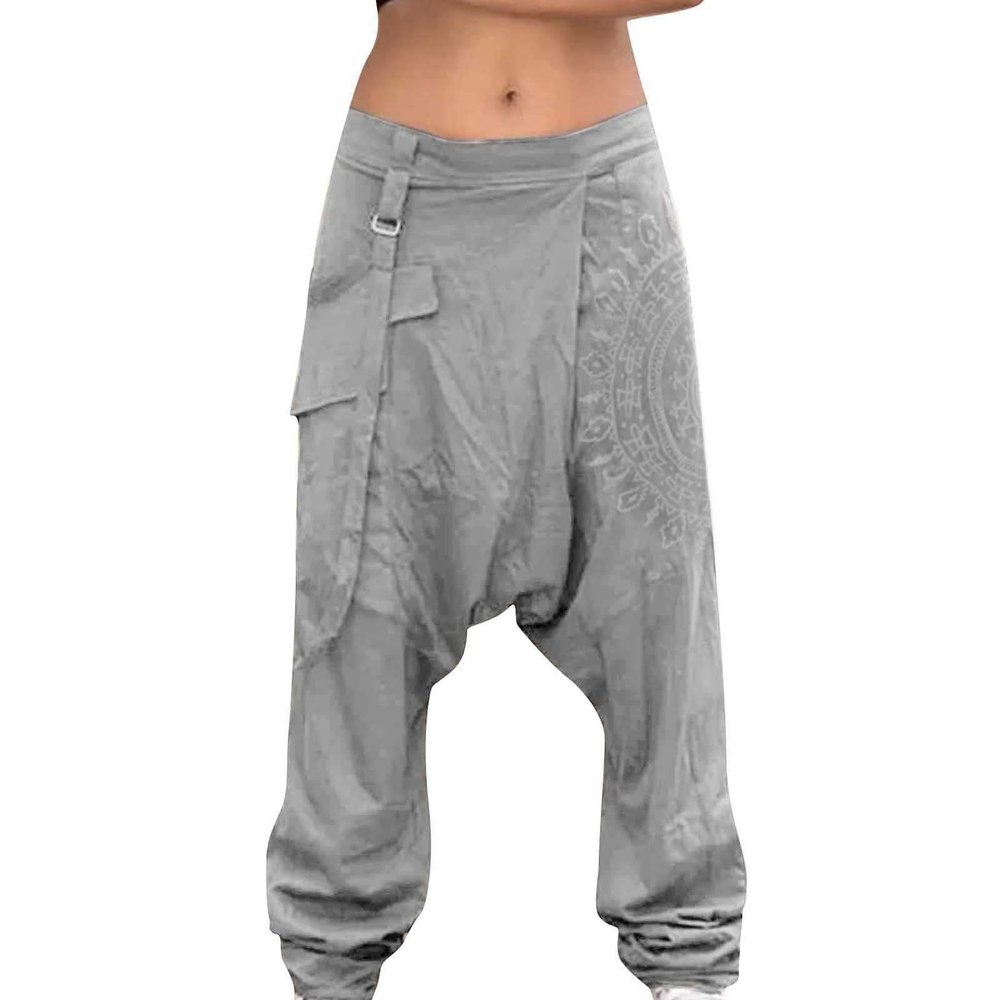 Mens Casual Harem Pants Baggy Linen Boho Yoga Jogger Pants Elastic Waist Vintage Hippie Drop Crotch Trousers Plus Size A- Grey