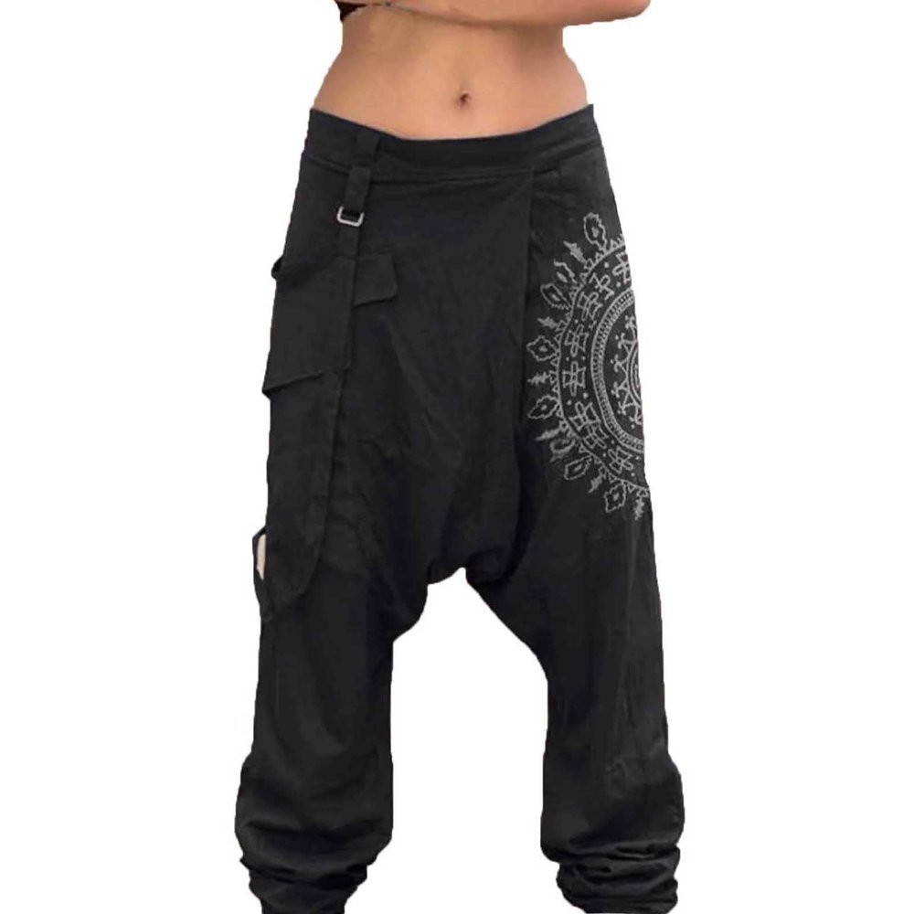 Mens Casual Harem Pants Baggy Linen Boho Yoga Jogger Pants Elastic Waist Vintage Hippie Drop Crotch Trousers Plus Size A- Black