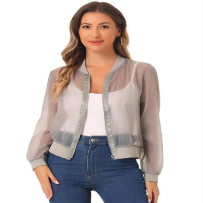 Allegra K Mesh Sheer Jacket for Women's See Through Long Sleeve Zip Up Bomber Jacket X-Large Gray