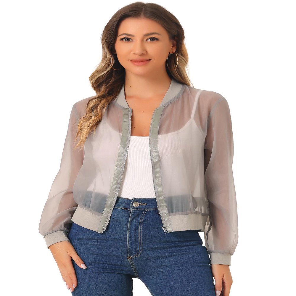 Allegra K Mesh Sheer Jacket for Women's See Through Long Sleeve Zip Up Bomber Jacket X-Large Gray