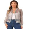 Allegra K Mesh Sheer Jacket for Women's See Through Long Sleeve Zip Up Bomber Jacket X-Large Gray view 1