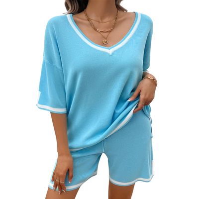 BAOKUAN Women's 2 Piece V Neck Knit Sweater Sets Summer Outfits Tracksuit Soft Tops Shorts Two Piece Pajama Sets