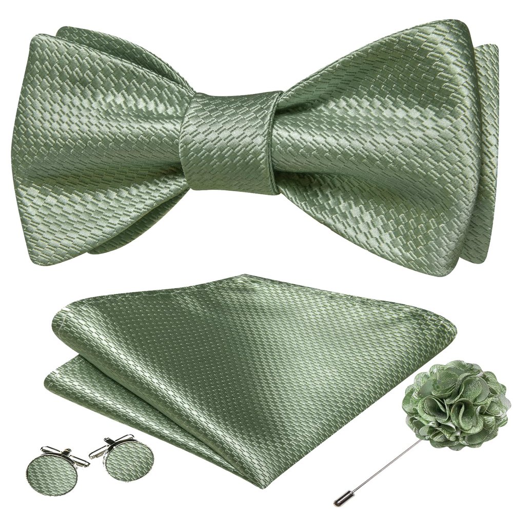 YOHOWA Sage Green Bow Ties for Men Self-tied Silk Bowtie with Lapel Pin Brooch and Handkerchief Cufflinks for Wedding Party Prom