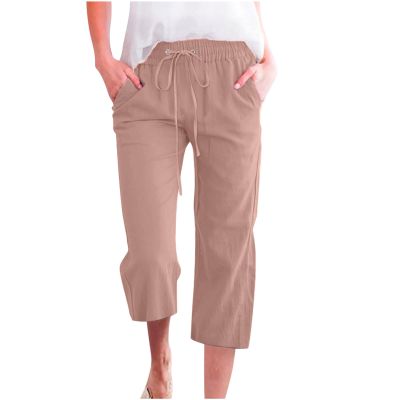 XUNRYAN 2024 Capri Pants for Women Casual Summer Drawstring Stretch High Waist Linen Pants Wide Leg Plus Size Lounge Capris