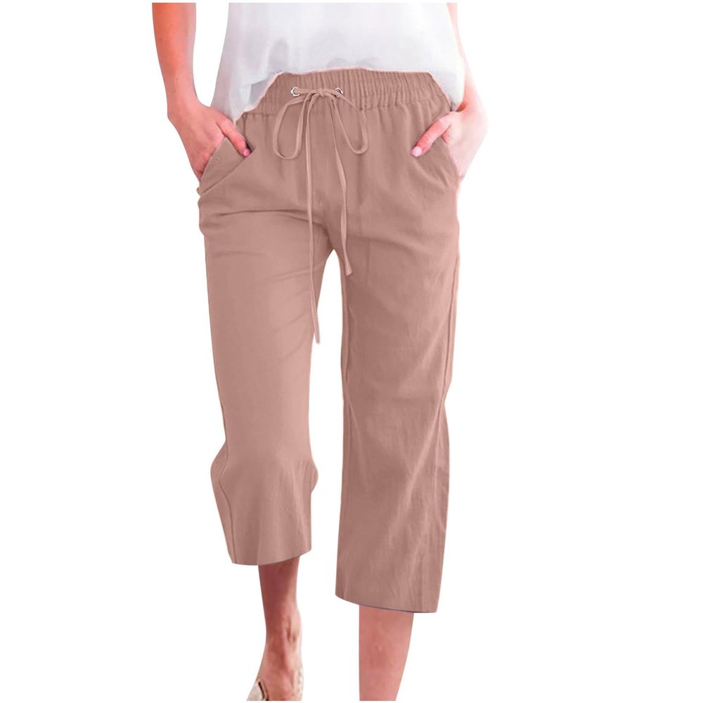 XUNRYAN 2024 Capri Pants for Women Casual Summer Drawstring Stretch High Waist Linen Pants Wide Leg Plus Size Lounge Capris
