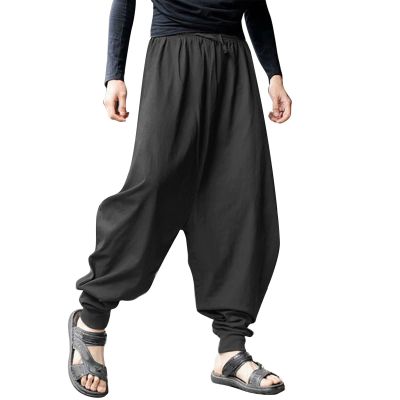 Mens Casual Harem Pants Baggy Linen Boho Yoga Jogger Pants Elastic Waist Vintage Hippie Drop Crotch Trousers Plus Size D- Black