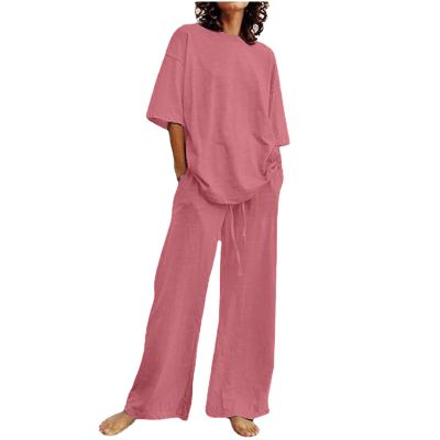 Rkwins Women 2 Piece Linen Dressy Pants Set Summer Floral Print Linen Outfits Casual Lounge Sets Short Sleeve and Pants Set