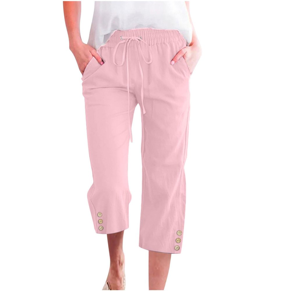 XUNRYAN 2024 Capri Pants for Women Casual Summer Drawstring Stretch High Waist Linen Pants Wide Leg Plus Size Lounge Capris