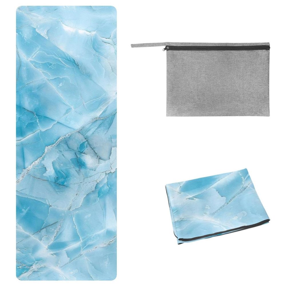 KikandKo Yoga Mat Towel Non Slip Sweat Absorbent Hot Yoga Towels, Soft Yoga Blankets with Travel Bag, Skidless Mat Cover for Workout, Gym, Fitness 72.8"x26.8", Light Blue Marble