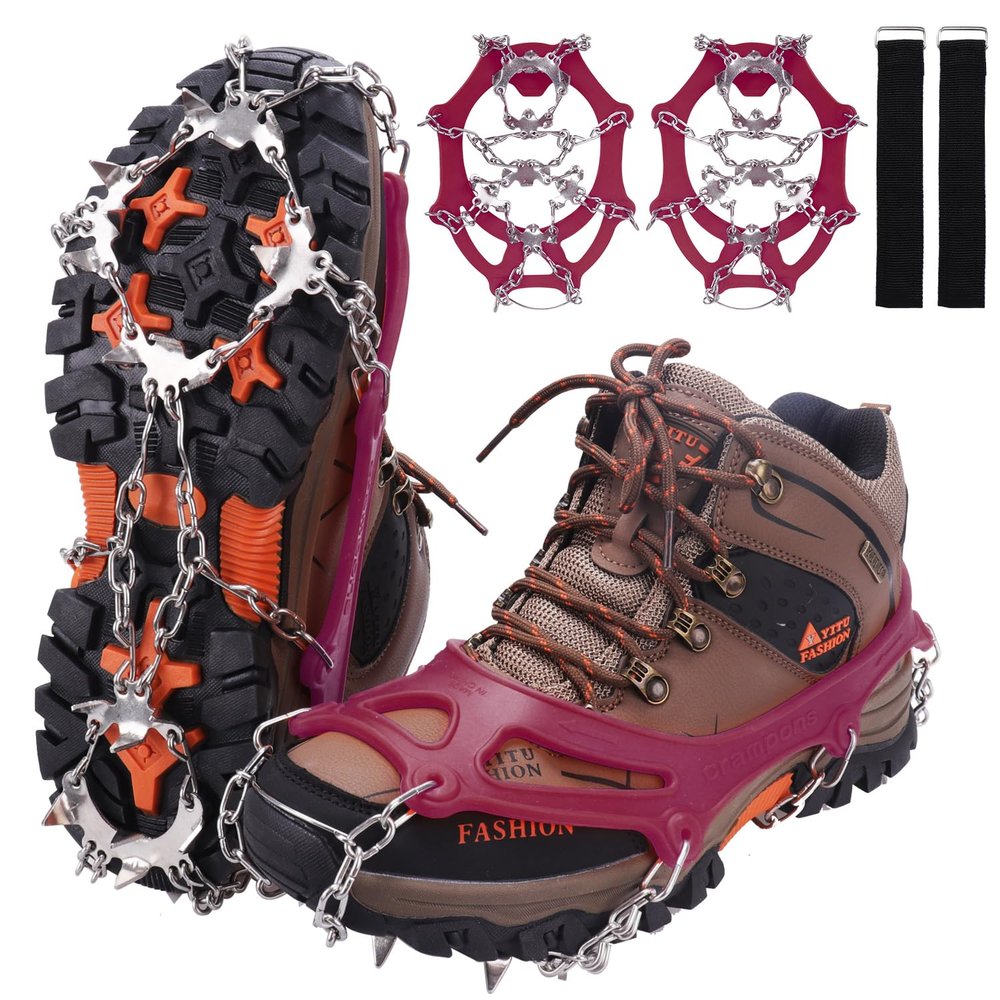 WIN.MAX Crampons for Shoes, Traction Cleats Ice Snow Grips with 19 Stainless Steel Spikes, Shoe Talons Anti - Slip Boots Spikes for Walking, Jogging, Climbing and Hiking (Red, XL)