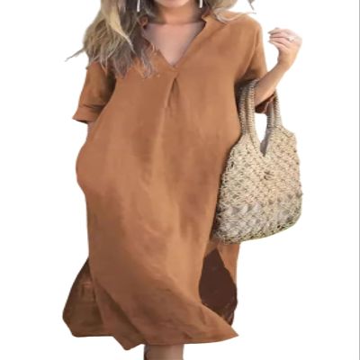 chouyatou Women's Summer Loose 3/4 Sleeve Linen Tunic Dress Casual Notch Neck Beach Dress with Split (Large, Brown)