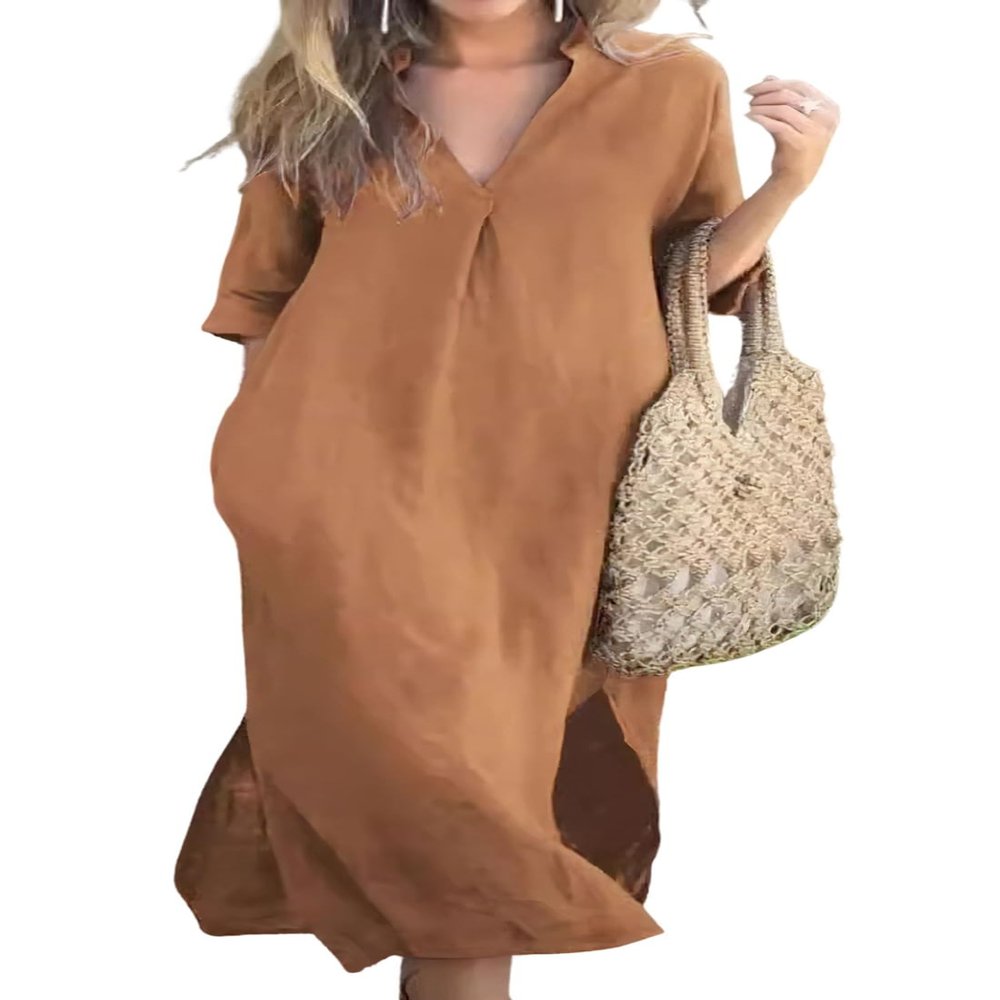 chouyatou Women's Summer Loose 3/4 Sleeve Linen Tunic Dress Casual Notch Neck Beach Dress with Split (Large, Brown)