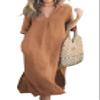 chouyatou Women's Summer Loose 3/4 Sleeve Linen Tunic Dress Casual Notch Neck Beach Dress with Split (Large, Brown) view 1