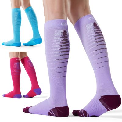 CS CELERSPORT 3 Pairs Compression Socks for Men and Women Running Support Socks, Purple+Rose Red+Blue, Large/X-Large