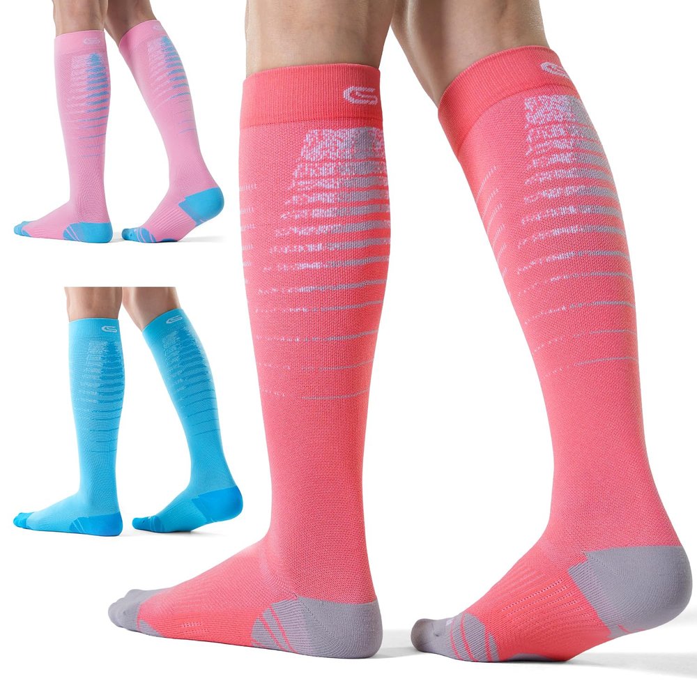 CS CELERSPORT 3 Pairs Compression Socks for Men and Women Running Support Socks, Blue+Watermelon Red+Pink, Large/X-Large