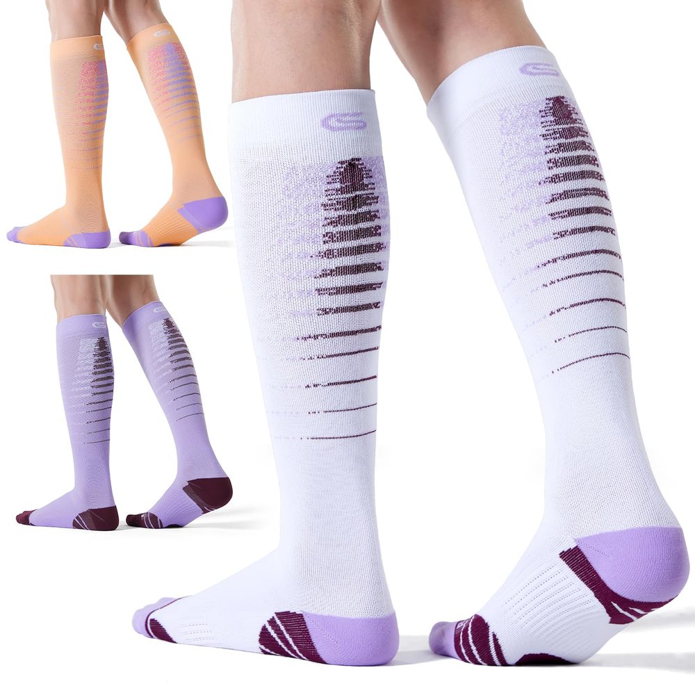 CS CELERSPORT 3 Pairs Compression Socks for Men and Women Running Support Socks, White+Orange+Purple, Large/X-Large