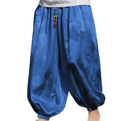 Mens Casual Harem Pants Baggy Linen Boho Yoga Jogger Pants Elastic Waist Vintage Hippie Drop Crotch Trousers Plus Size E- Blue