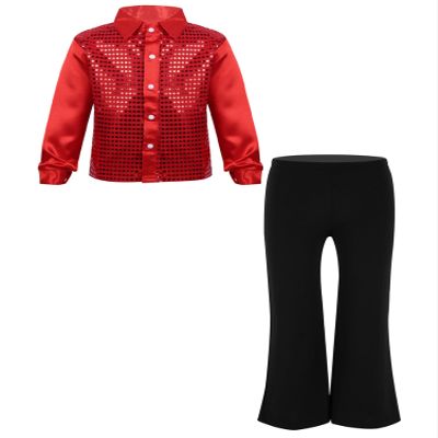 Kids Boys Sparkle Long Sleeve Shirt Blouse with Pants Set Hip Hop Jazz Street Disco Performance Costume Dancewear Red 14 Years