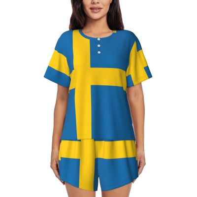 YQxwJL Swedish Flag Print Womens Summer Pajama Sets Sleepwear Ladies Short Sleeve Nightwear Pjs Lounge With Pockets Black, X-Large