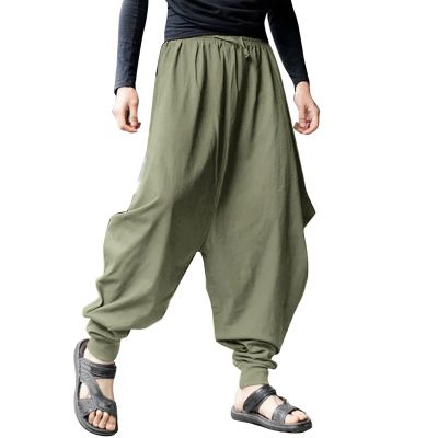 Mens Casual Harem Pants Baggy Linen Boho Yoga Jogger Pants Elastic Waist Vintage Hippie Drop Crotch Trousers Plus Size