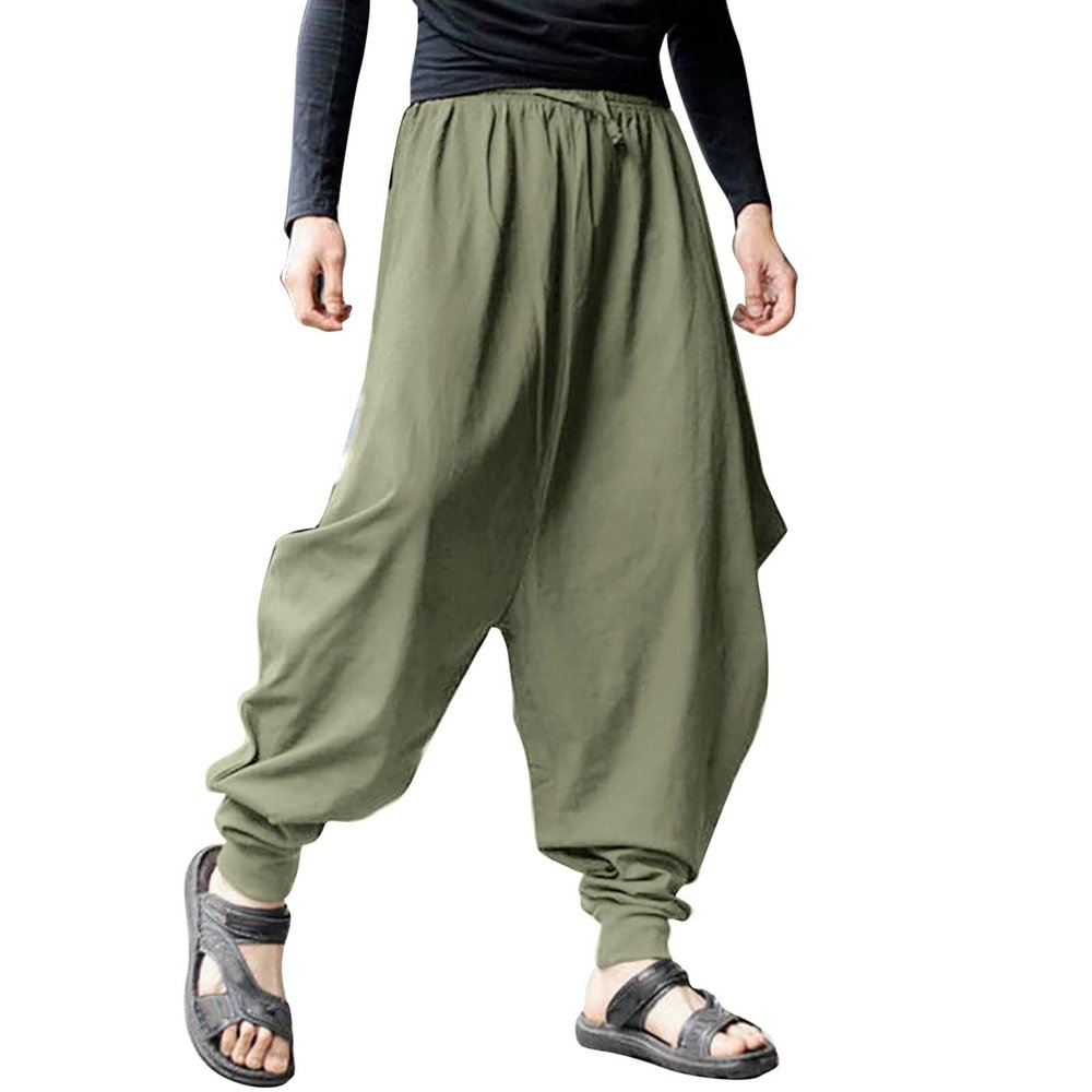 Mens Casual Harem Pants Baggy Linen Boho Yoga Jogger Pants Elastic Waist Vintage Hippie Drop Crotch Trousers Plus Size