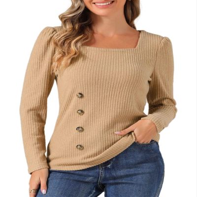 Allegra K Square Neck Sweaters for Women's Vintage Teacher Long Sleeve Pullover Ribbed Knit Top Large Khaki