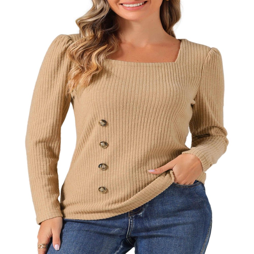 Allegra K Square Neck Sweaters for Women's Vintage Teacher Long Sleeve Pullover Ribbed Knit Top Large Khaki