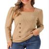 Allegra K Square Neck Sweaters for Women's Vintage Teacher Long Sleeve Pullover Ribbed Knit Top Large Khaki view 1