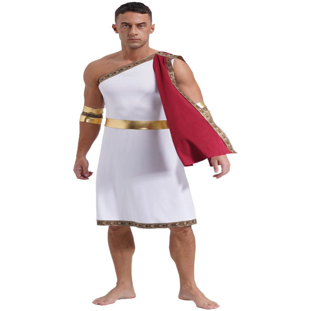 Freebily Mr. Toga Costume for Men Adults Caesar Roman One Shoulder Strap Robe with Sleeves Halloween Historical Greek Costume Burgundy Medium