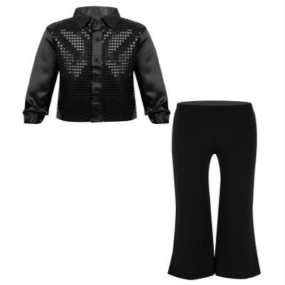 Aislor Kids Boys Sparkle Long Sleeve Shirt Blouse with Pants Set Hip Hop Jazz Street Disco Performance Costume Dancewear Black 14 Years