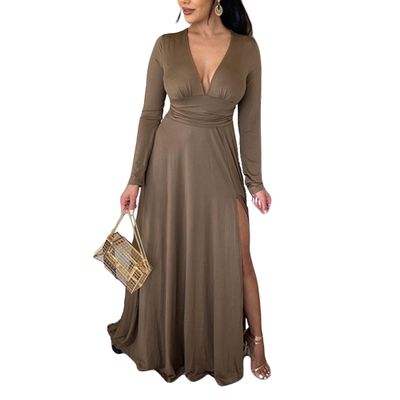 Generic Women Deep V Neck Long Sleeve Slit Dress 2024 Fall Elegant Formal Wedding Guest Cocktail Evening Prom Maxi Long Dress (Small,Brown)