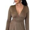 Generic Women Deep V Neck Long Sleeve Slit Dress 2024 Fall Elegant Formal Wedding Guest Cocktail Evening Prom Maxi Long Dress (Small,Brown) view 3